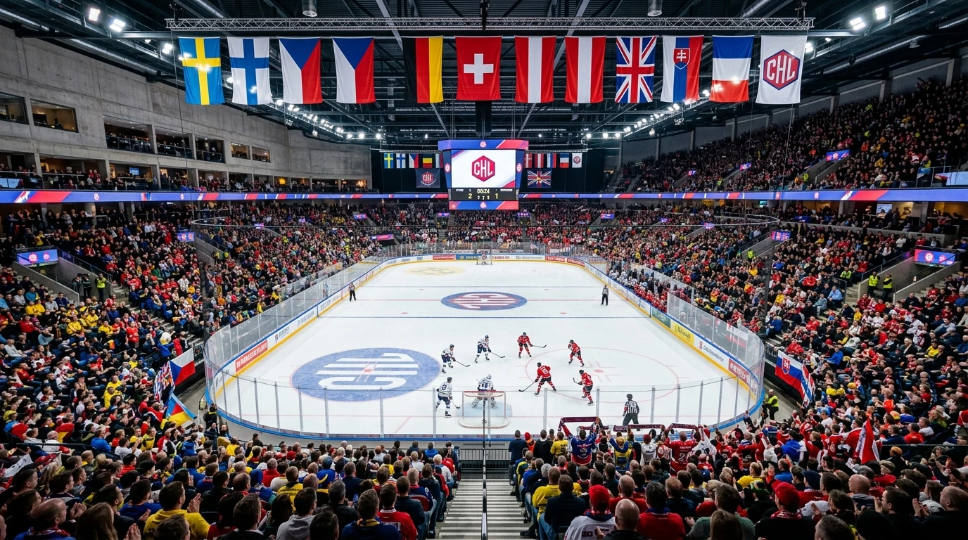 Europæisk ishockey arena med CHL logo synligt på isen under kamp