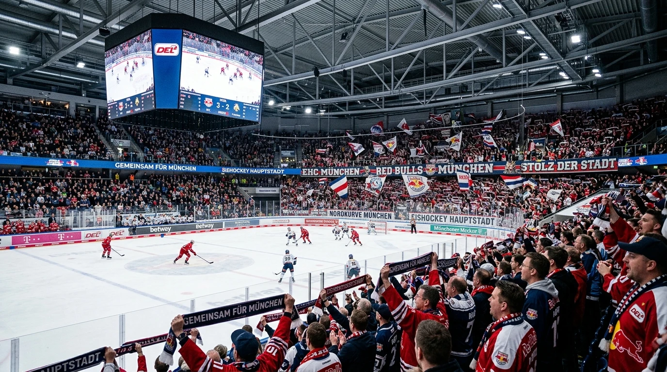 Tysk ishockey arena med DEL kamp og entusiastiske tyske fans