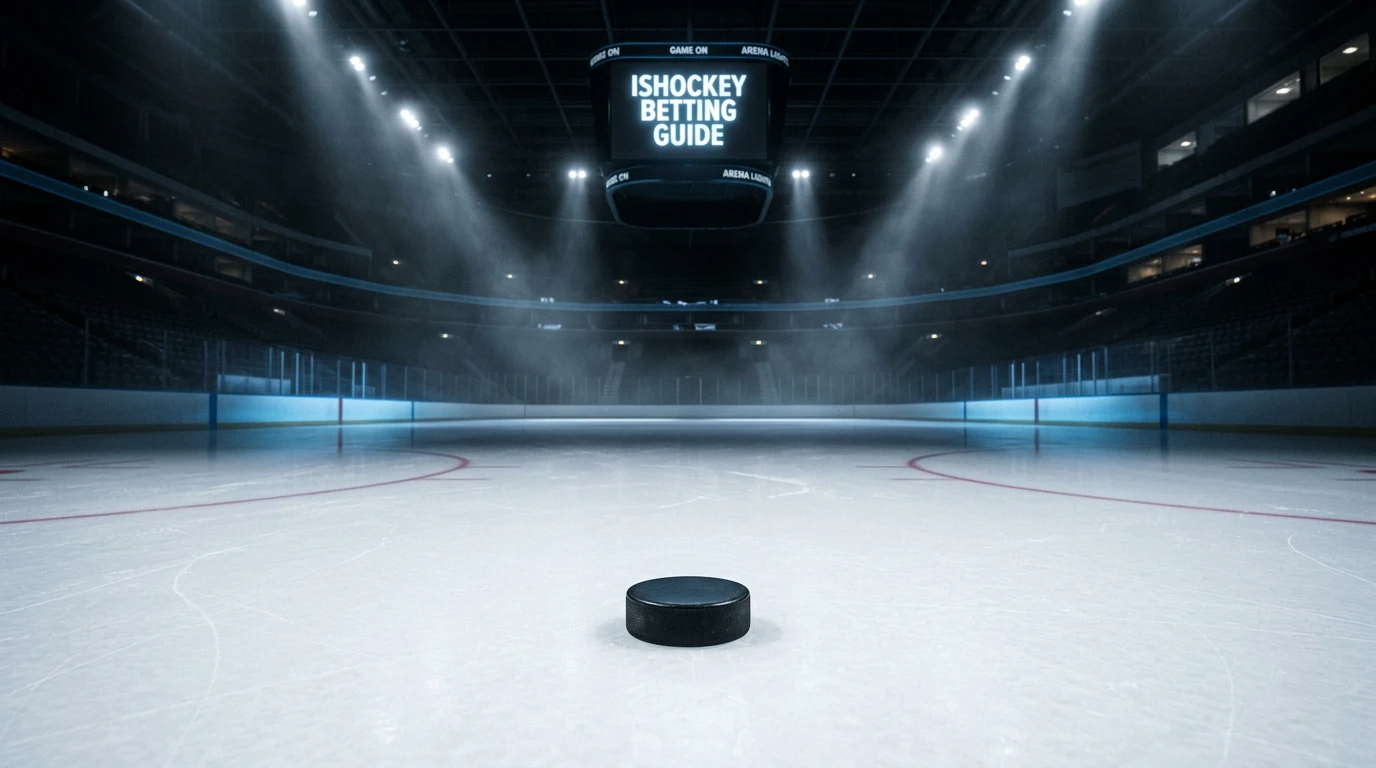 Ishockey betting guide - puck på is med odds display i baggrunden