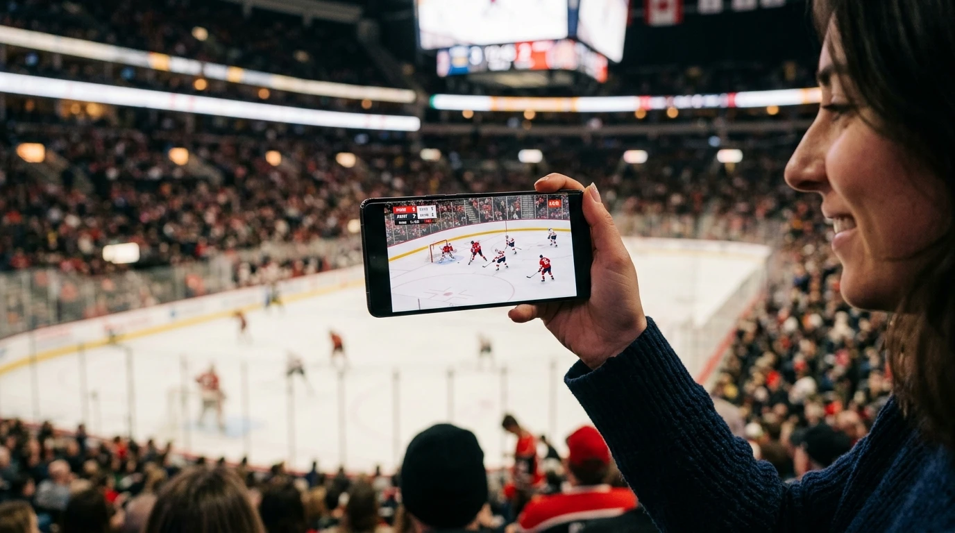Smartphone der viser ishockey kamp med betting interface på skærmen