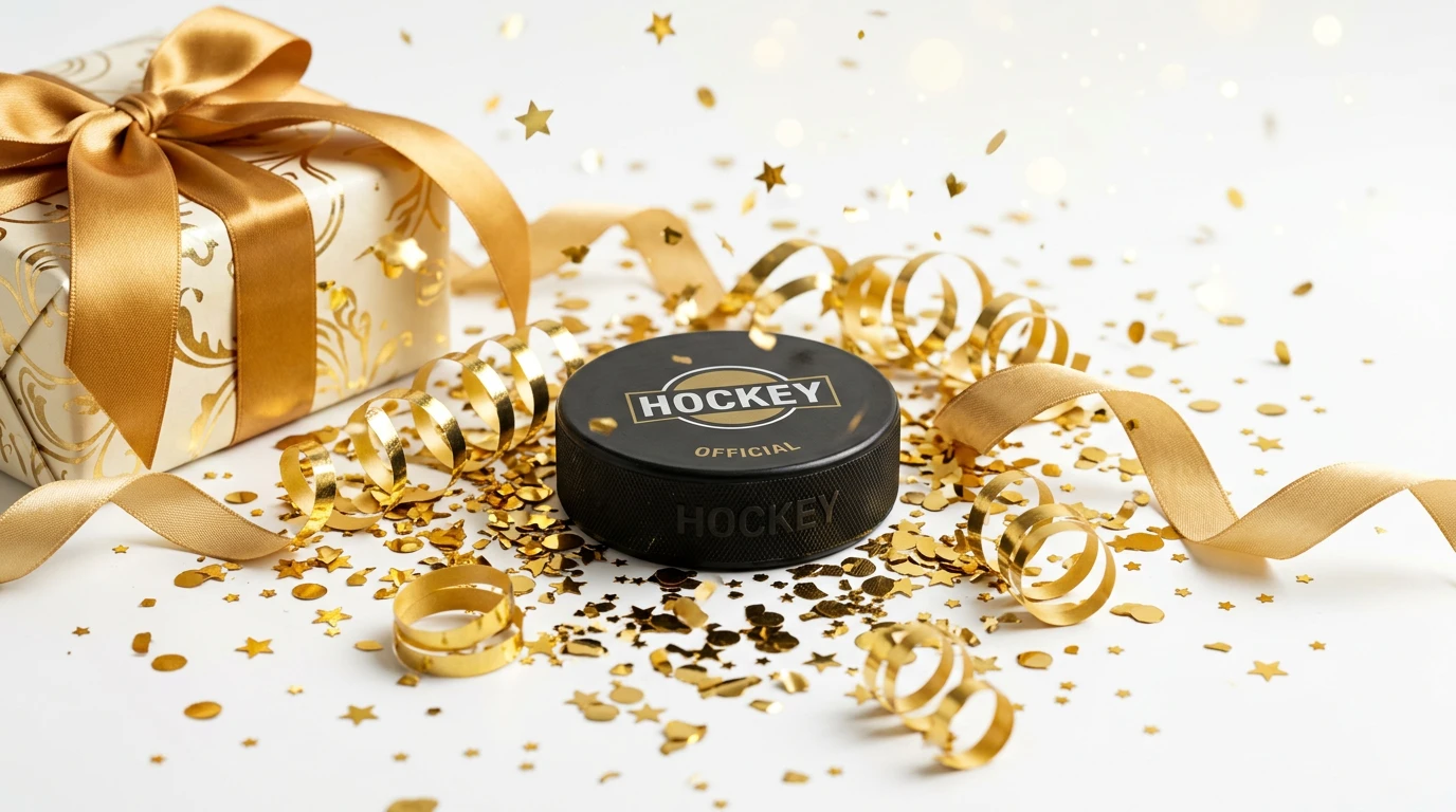 Ishockey puck omgivet af festlige elementer der symboliserer bonus tilbud