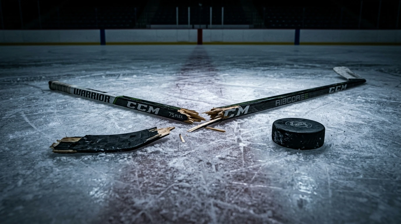 Ishockey puck ved siden af knækkede hockey stave symboliserer undgåelige fejl