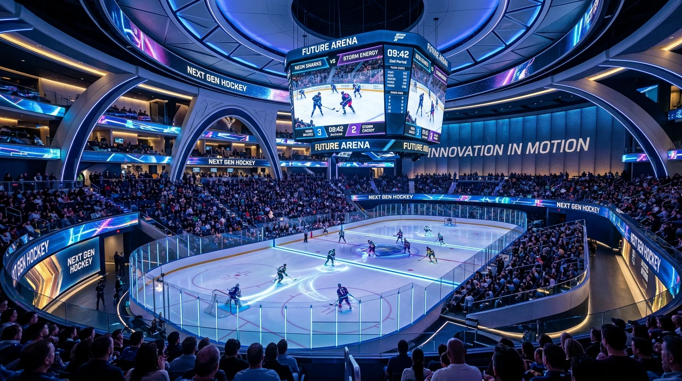 Futuristisk ishockey arena med moderne teknologi og digitale displays