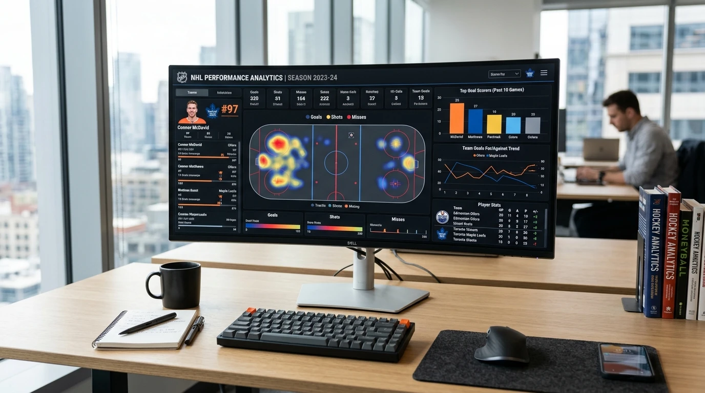 Ishockey analyse setup med datavisualisering og statistik på skærm