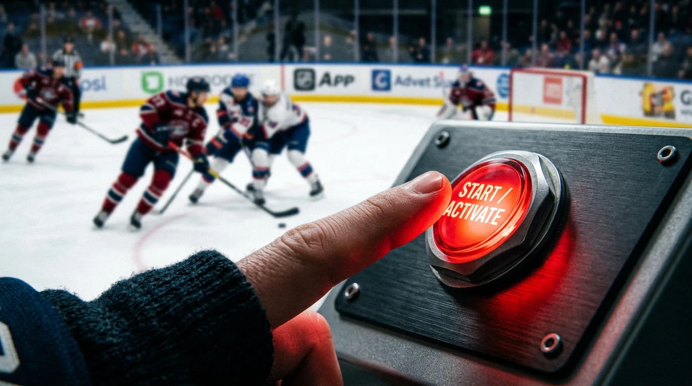 Hånd der trykker på knap med ishockey is i baggrunden symboliserer cash out beslutning