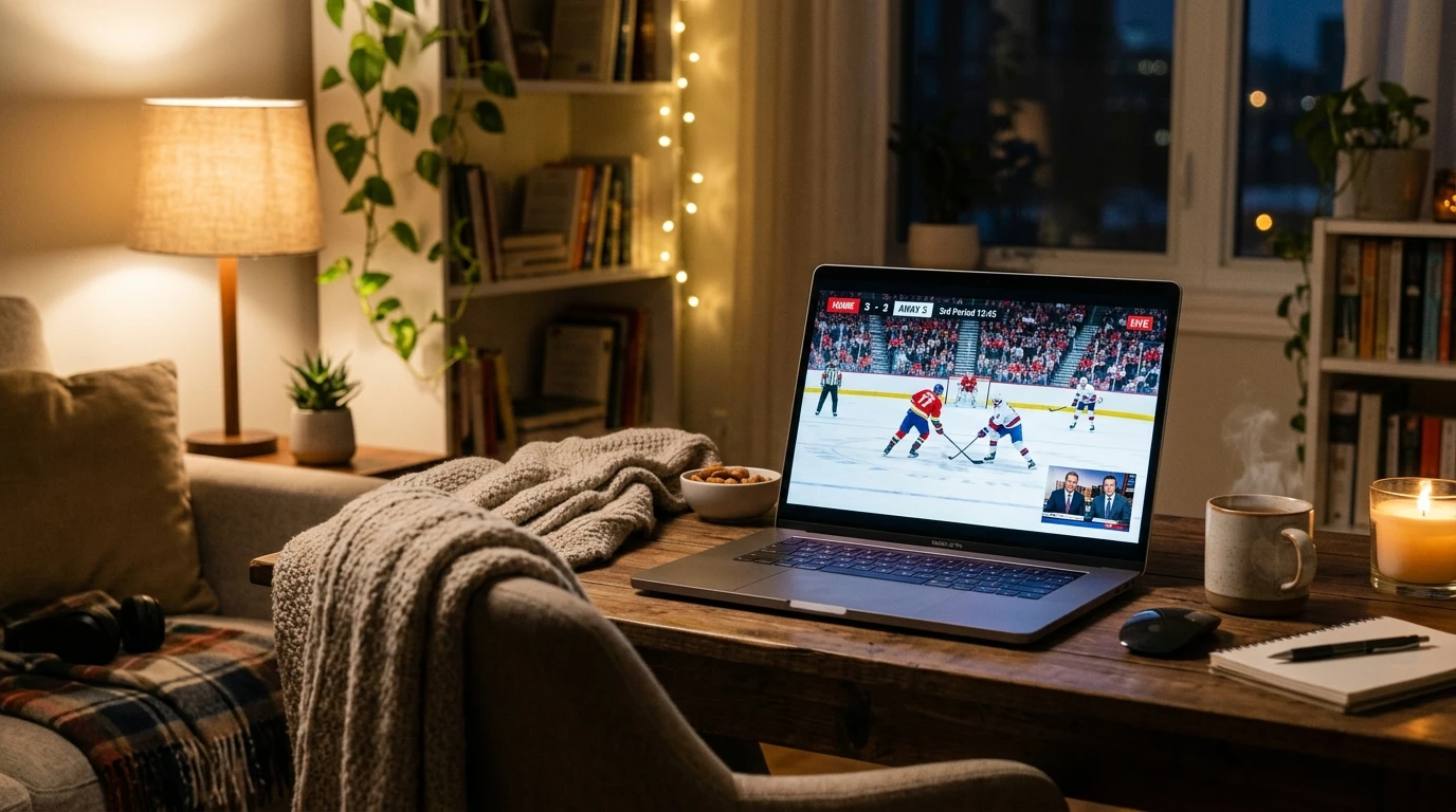 Laptop skærm der viser ishockey live stream med betting muligheder