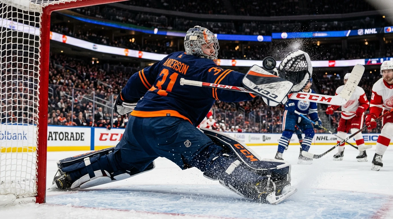 Ishockey målmand i fuld udstyr der gør en spektakulær redning