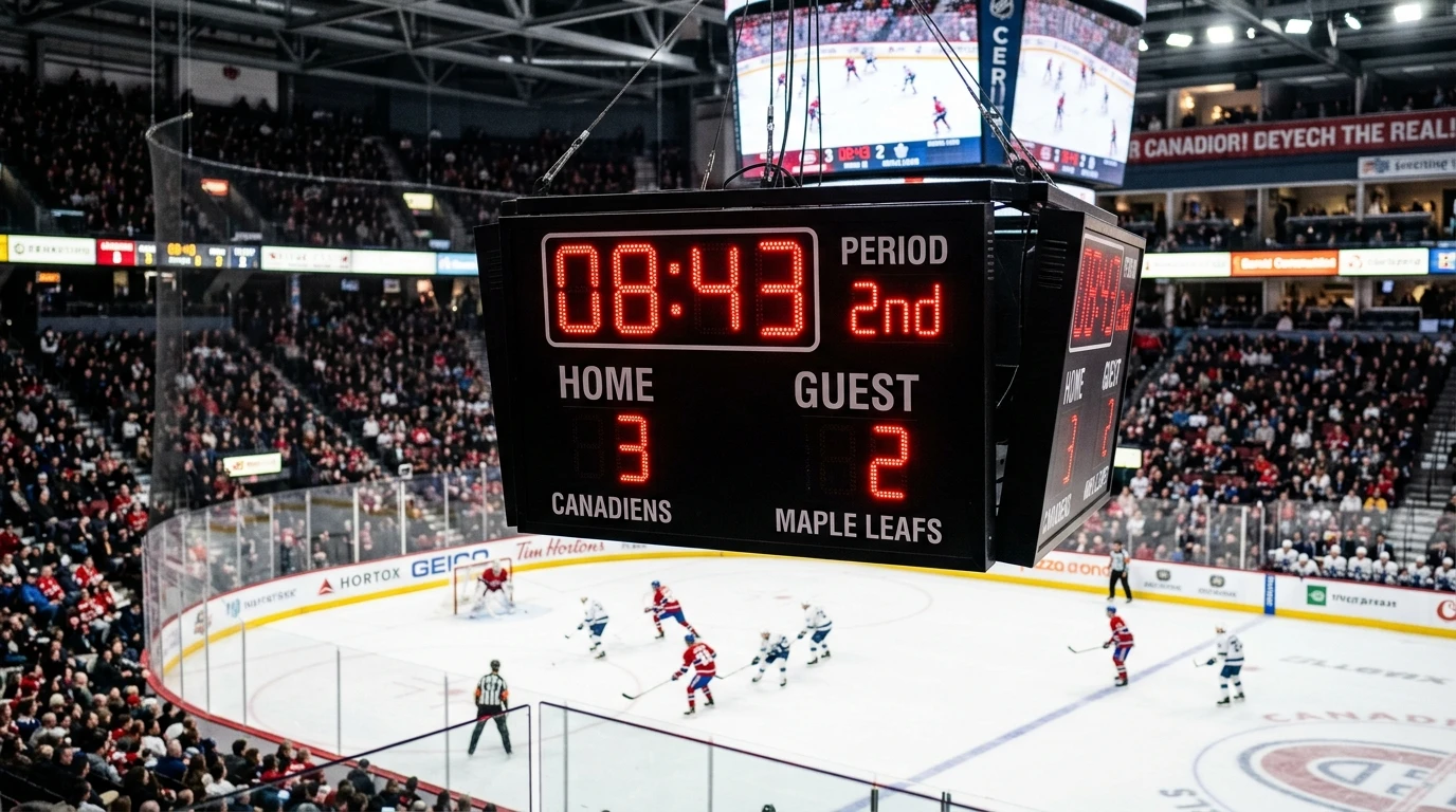 Ishockey arena scoretavle der viser periode inddeling med tidsur