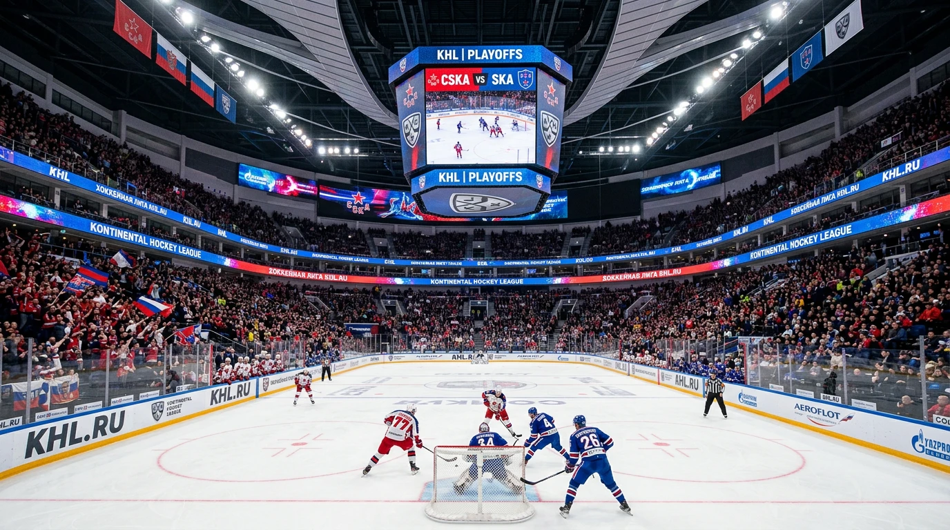 KHL ishockey arena med russisk hold der spiller under arenaens lys
