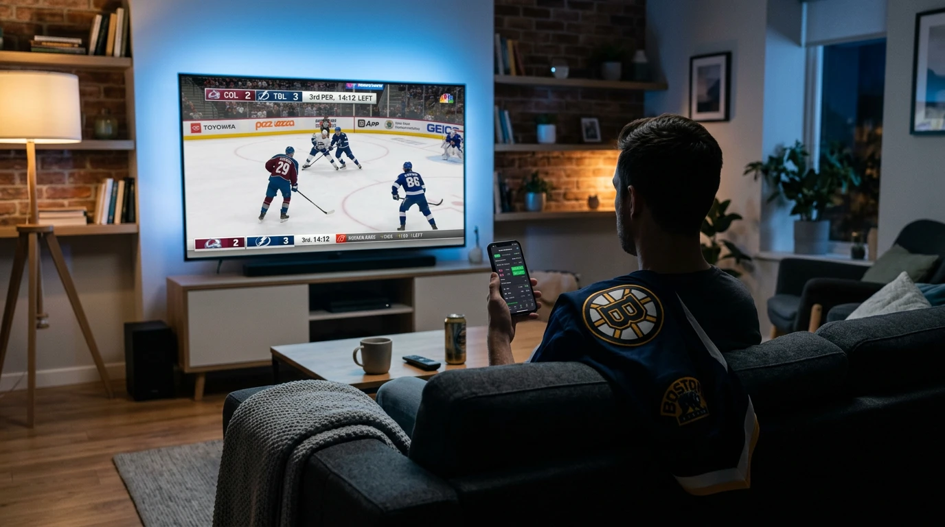 Live betting på ishockey - skærm med real-time odds og ishockeykamp i baggrunden