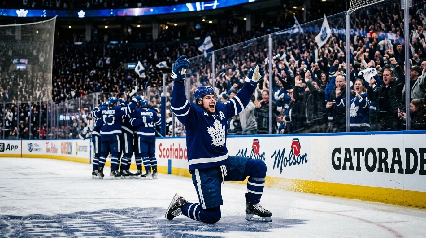 Ishockeyspiller der fejrer mål med arme i vejret foran jubelende fans