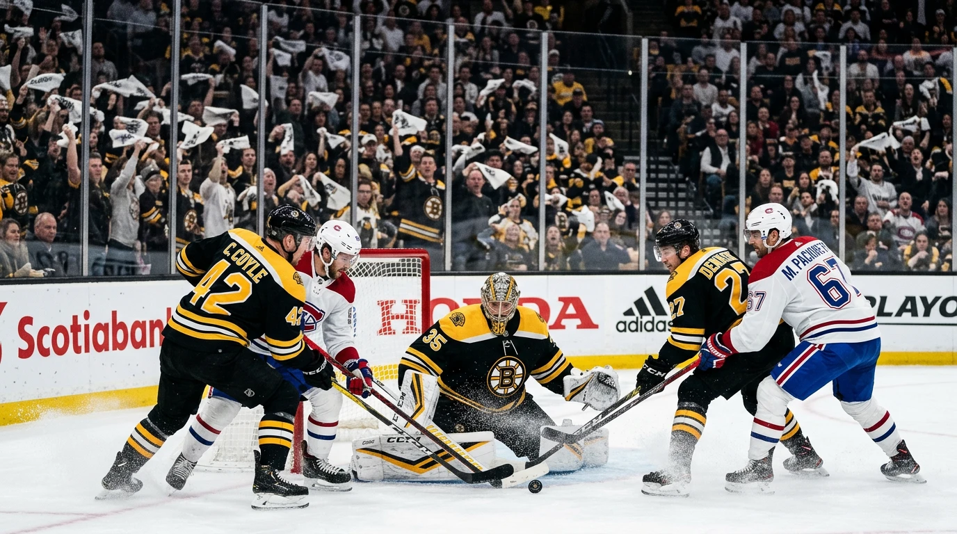 Intenst NHL playoff kamp moment med spillere i nærkamp foran mål