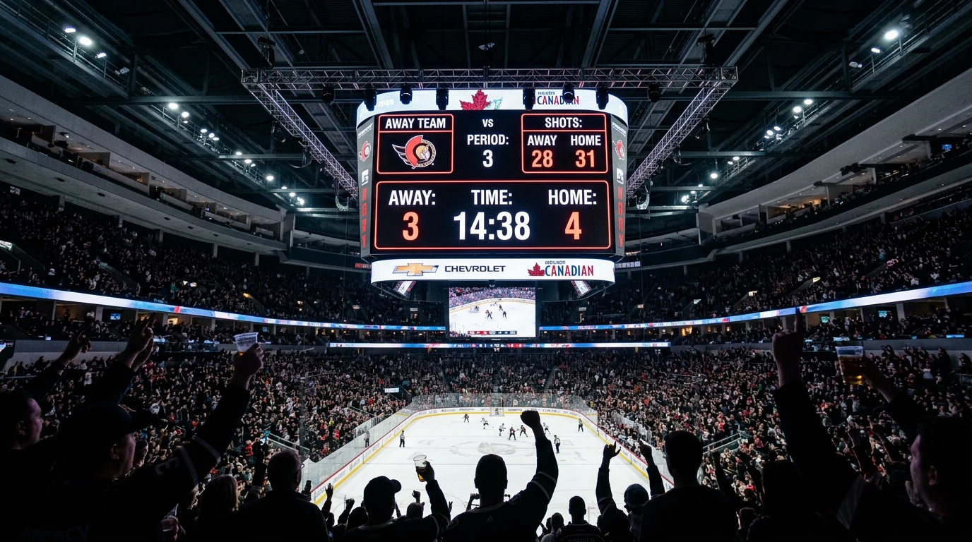 Digital scoretavle i ishockey arena der viser kampresultat med fokus på måltal