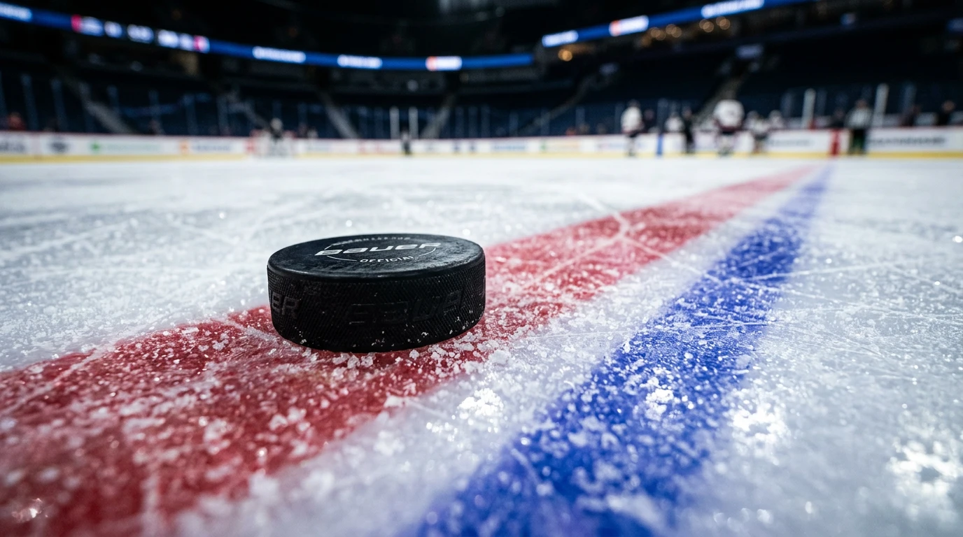 Ishockey puck på isen med markerede linjer der illustrerer puck line betting konceptet