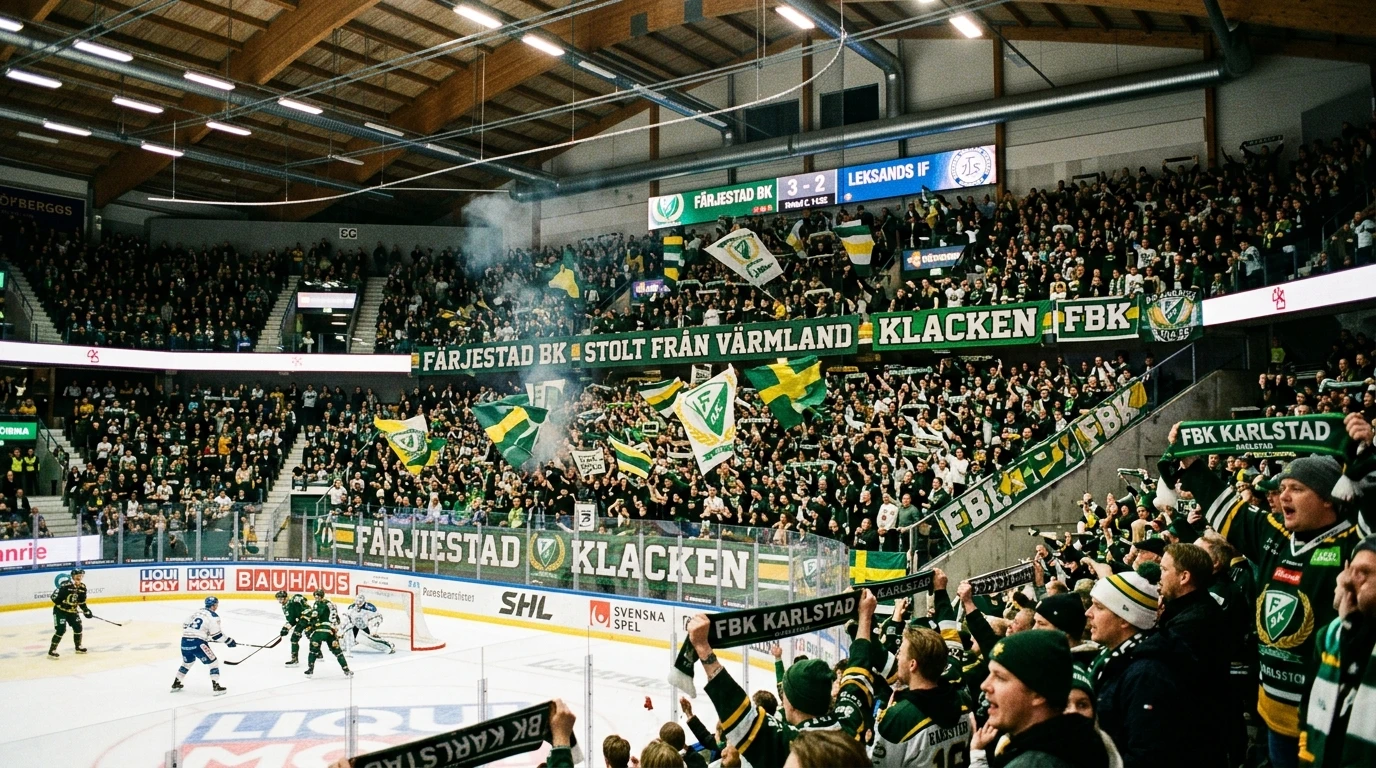 Svensk ishockey arena med SHL kamp i gang og svenske fans på lægterne