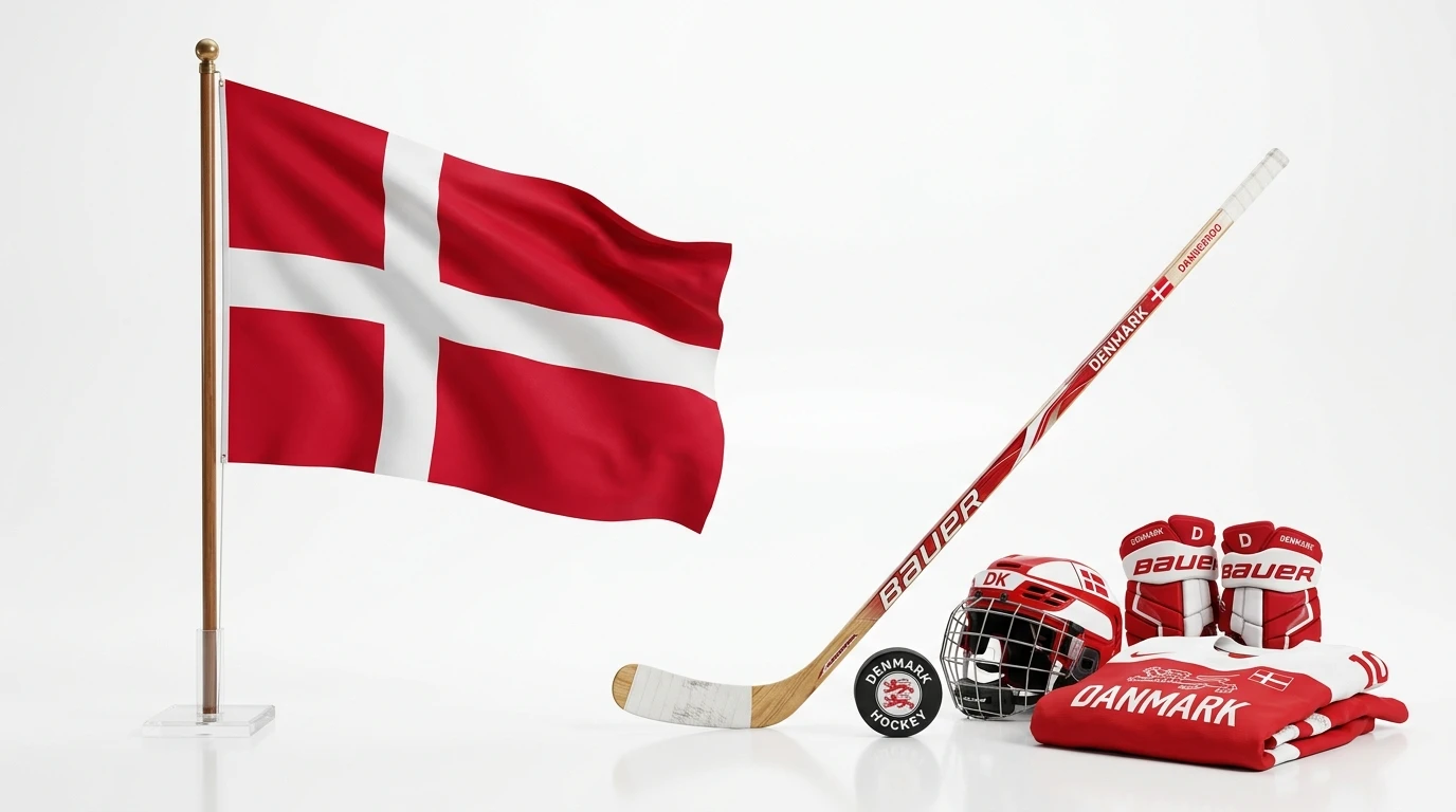 Dansk flag og ishockey udstyr symboliserer lovlig betting i Danmark